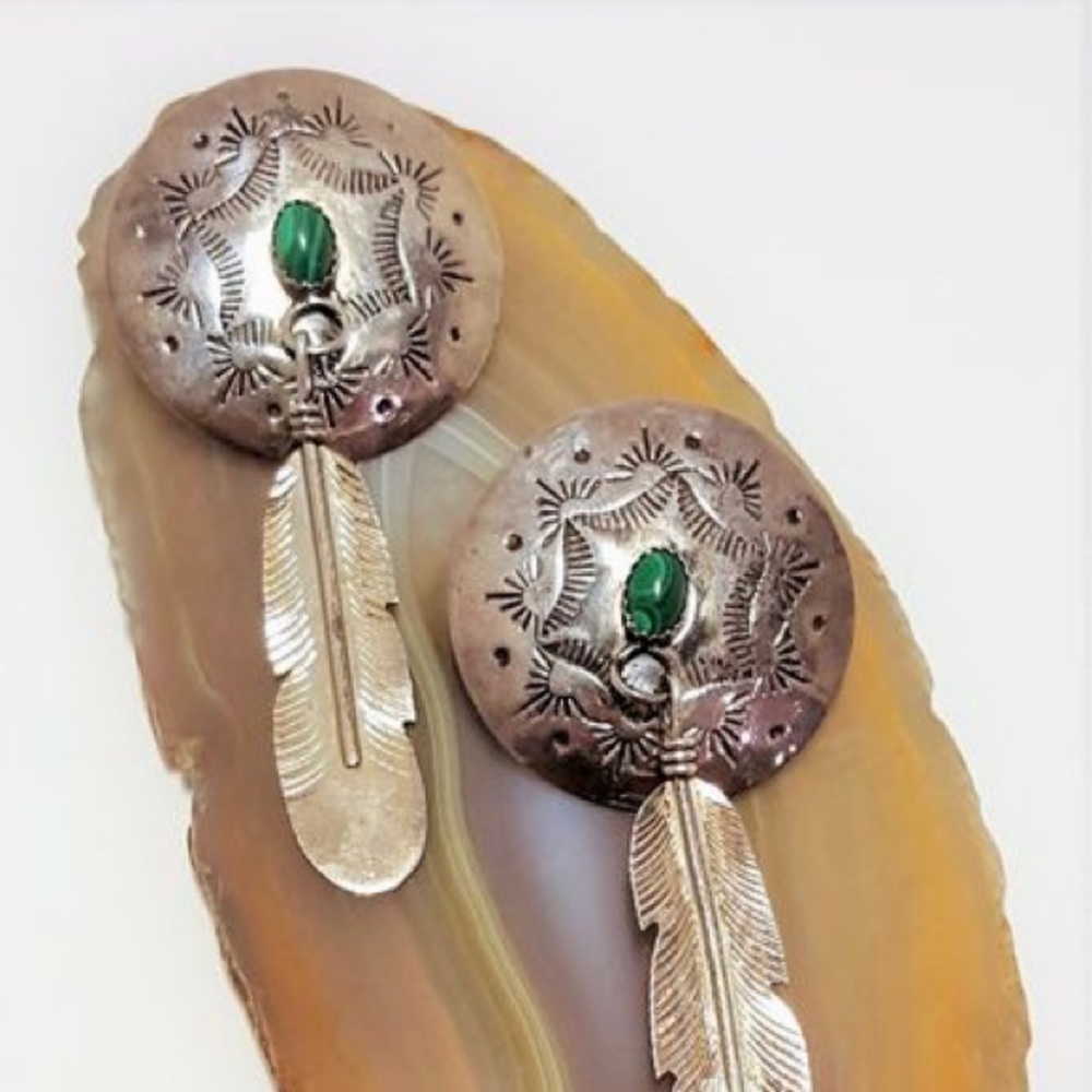 sterling silver concho earrings with malachite stones and feather dangles